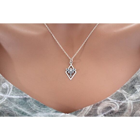 Sterling Silver Tiny Luna Moth in Diamond Frame Necklace - Picture 2 of 4